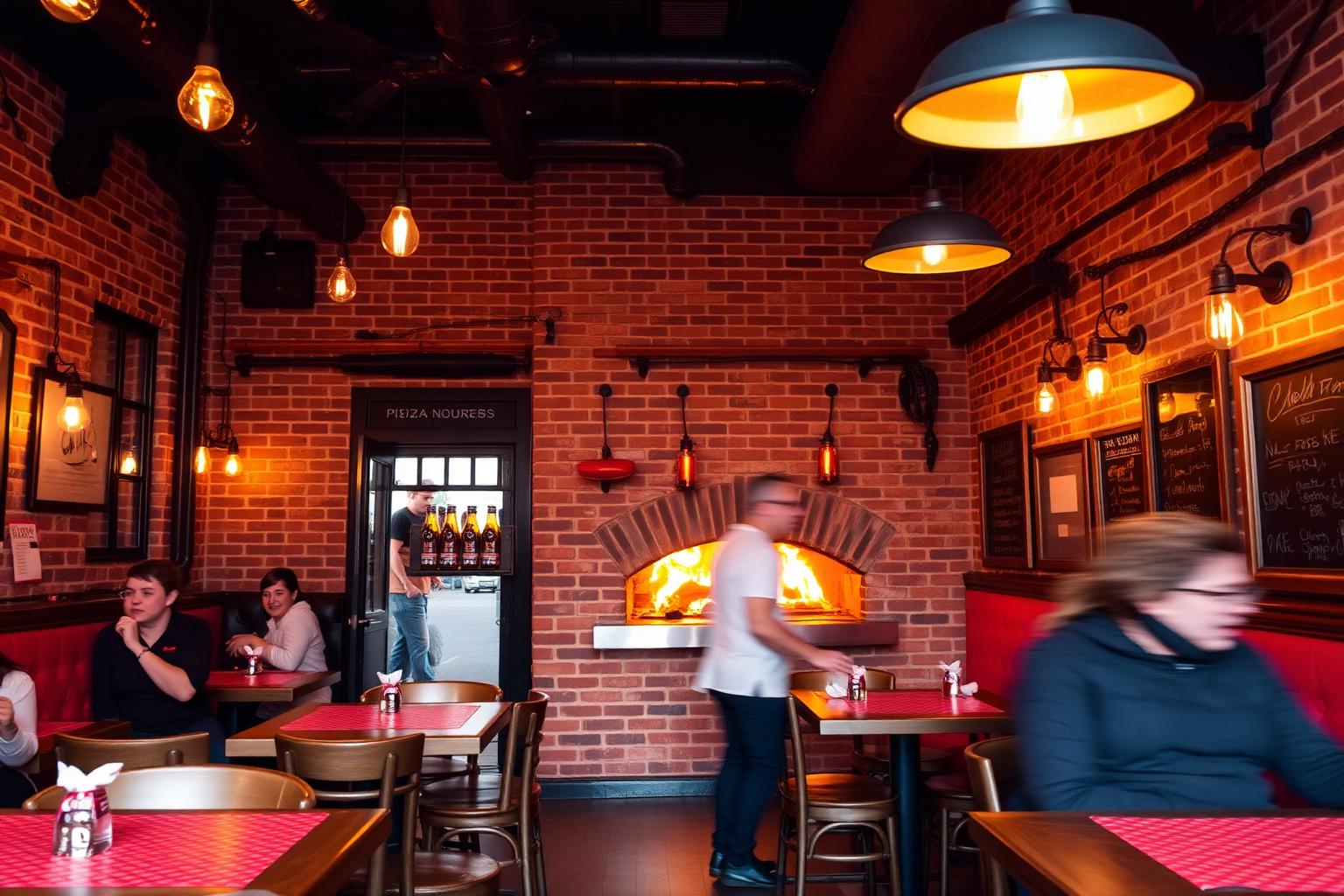 Inside Nicks Pizza Mix. Wood-fired oven and warm brick interior.